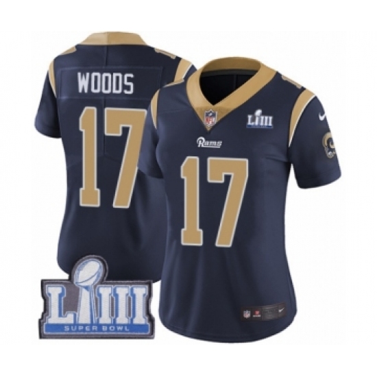 Women's Nike Los Angeles Rams #17 Robert Woods Navy Blue Team Color Vapor Untouchable Limited Player Super Bowl LIII Bound NFL Jersey - Ujersey