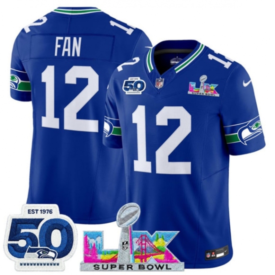 Men's Seattle Seahawks #12 Fan Royal 2025 F.U.S.E. Super Bowl LX And 50th Season Vapor Throwback Limited Football Stitched Jersey - Ujersey