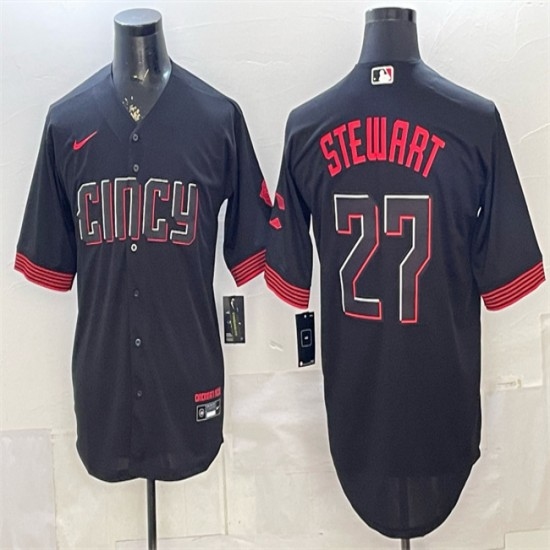 Men's Cincinnati Reds #27 Sal Stewart Black City Connect Cool Base Stitched Baseball Jersey - Ujersey