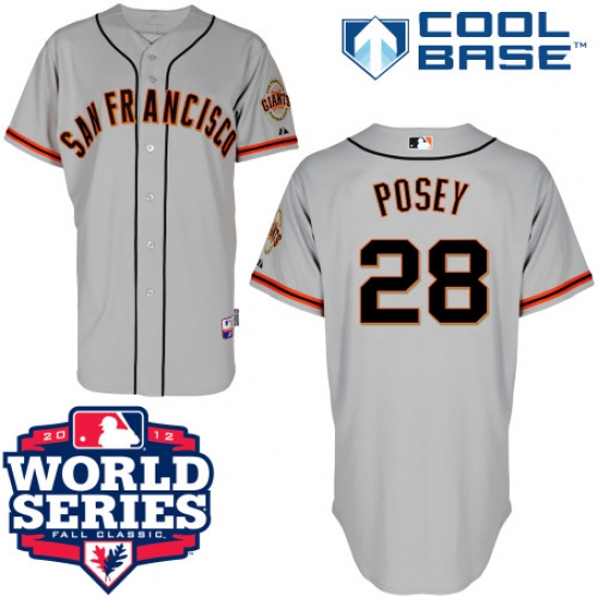 Men's Majestic San Francisco Giants #28 Buster Posey Replica Grey Cool Base 2012 World Series Patch MLB Jersey - Ujersey