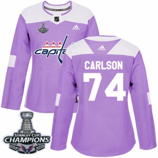 Women's Adidas Washington Capitals #74 John Carlson Authentic Purple Fights Cancer Practice 2018 Stanley Cup Final Champions NHL Jersey - Ujersey