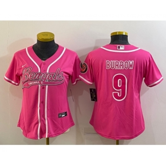 Women's Cincinnati Bengals #9 Joe Burrow Pink With Patch Cool Base Stitched Baseball Jersey