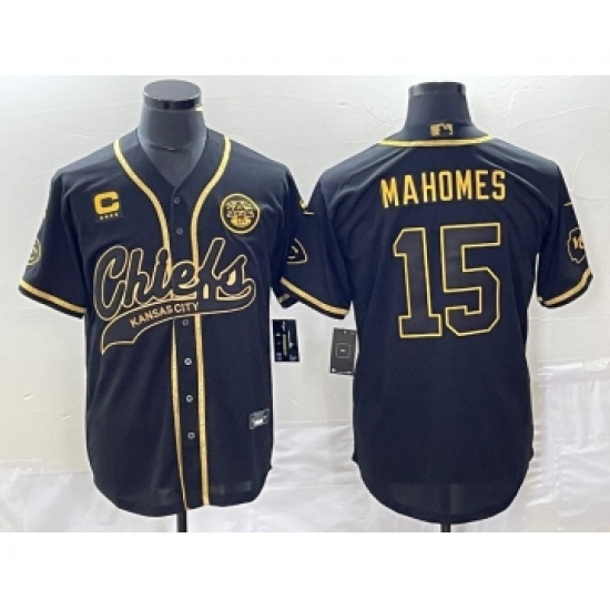 Men's Nike Kansas City Chiefs #15 Patrick Mahomes Black Gold C Cool Base Stitched Baseball Jersey - Ujersey