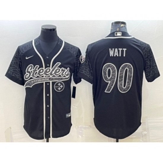 Men's Pittsburgh Steelers #90 TJ Watt Black Reflective With Patch Cool Base Stitched Baseball Jersey - Ujersey