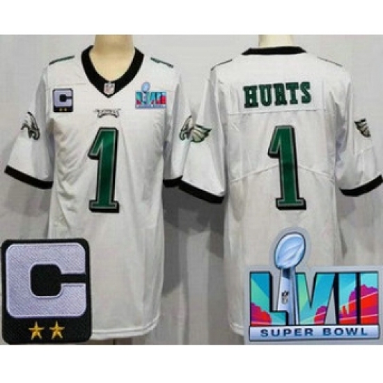 Men's Philadelphia Eagles #1 Jalen Hurts Limited White C Patch Super Bowl LVII Vapor Jersey - Ujersey