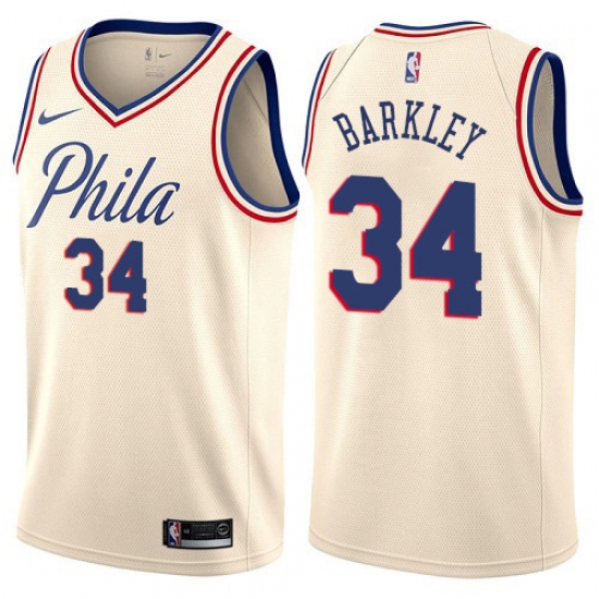 Men's Nike Philadelphia 76ers #34 Charles Barkley Authentic Cream NBA Jersey - City Edition - ujerseystore