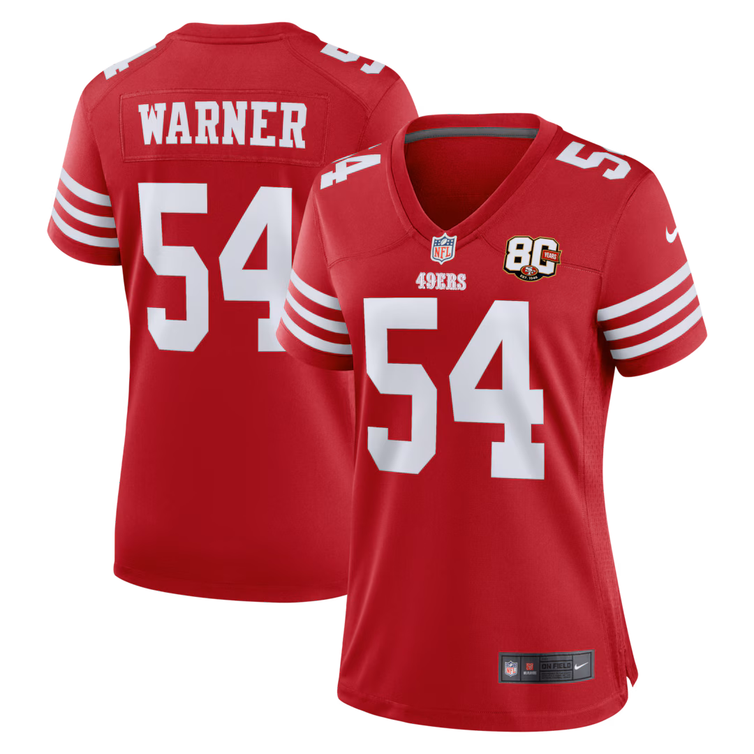 Women's San Francisco 49ers Fred Warner Nike Scarlet 80th Anniversary Game Jersey