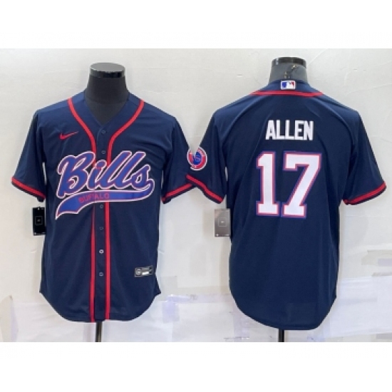 Men's Buffalo Bills #17 Josh Allen Navy With Patch Cool Base Stitched Baseball Jersey - Ujersey