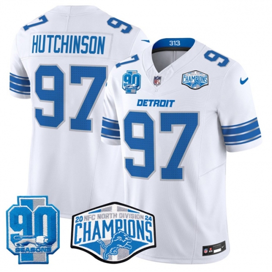 Men's Detroit Lions #97 Aidan Hutchinson White 2024 NFC North Champions 90th Anniversary F.U.S.E. Vapor Limited Stitched Jersey - Ujersey