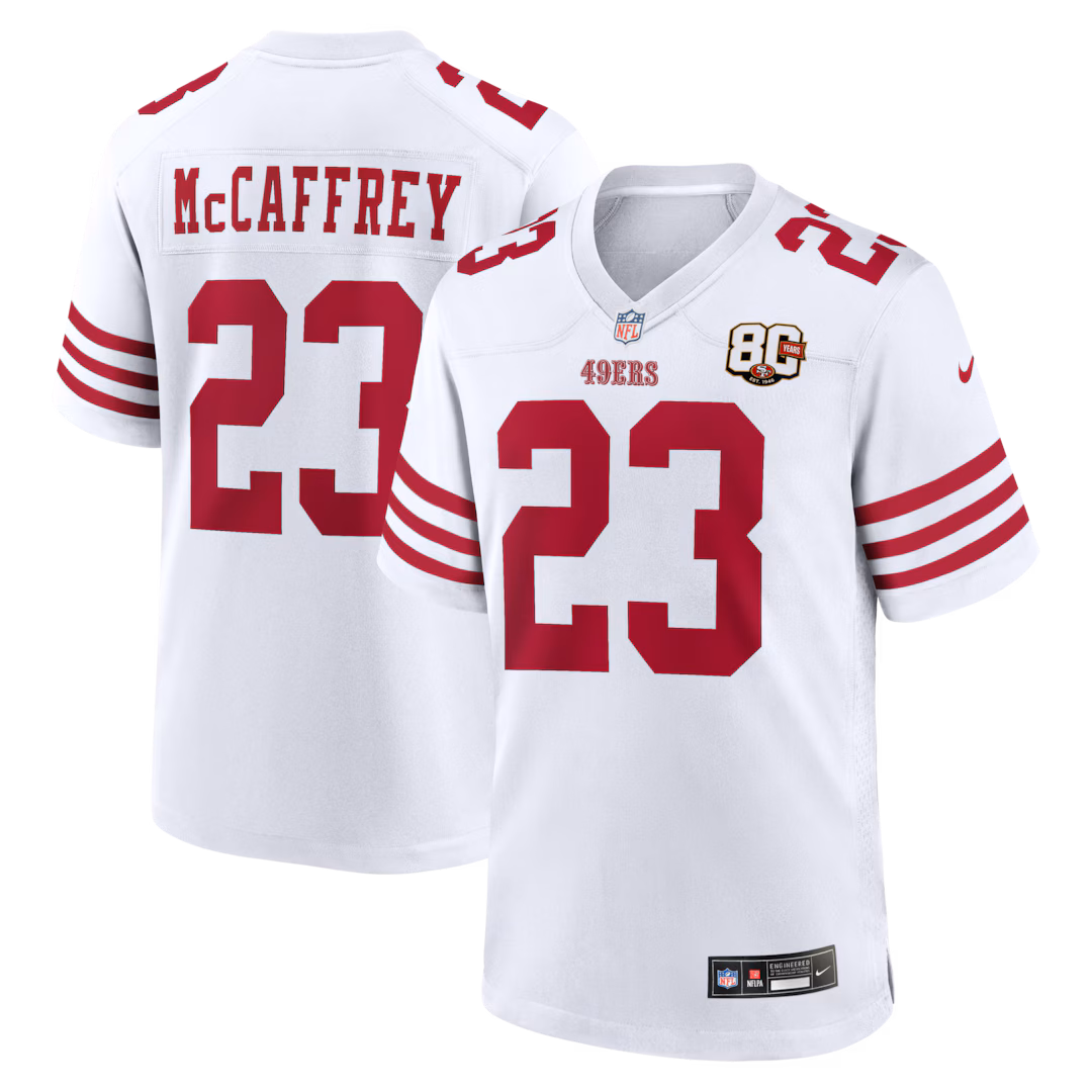 Men's San Francisco 49ers Christian McCaffrey Nike White 80th Anniversary Game Jersey