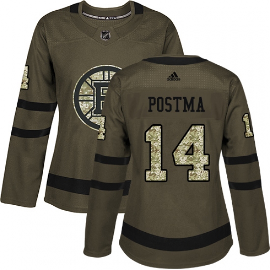 Women's Adidas Boston Bruins #14 Paul Postma Authentic Green Salute to Service NHL Jersey - Ujersey