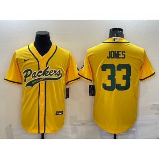 Men's Green Bay Packers #33 Aaron Jones Yellow With Patch Cool Base Stitched Baseball Jersey - Ujersey
