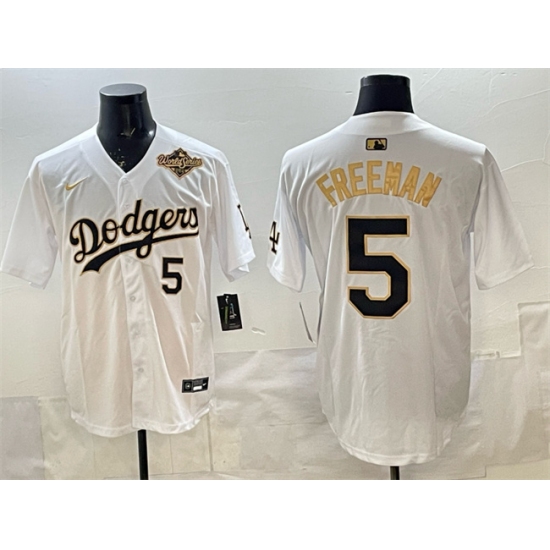 Men's Los Angeles Dodgers #5 Freddie Freeman White Gold 2025 World Series Limited Stitched Baseball Jersey - Ujersey