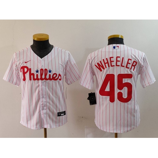 Youth Philadelphia Phillies #45 Zack Wheeler White Pinstripe Stitched Cool Base Jersey - Ujersey