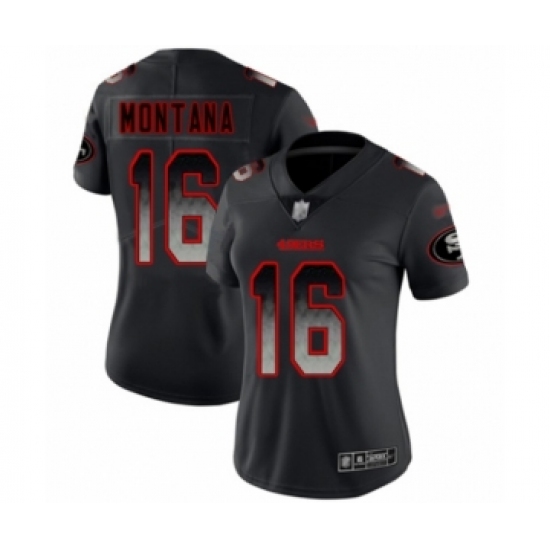 Women's San Francisco 49ers #16 Joe Montana Limited Black Smoke Fashion Football Jersey - Ujersey