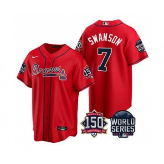 Men's Atlanta Braves #7 Dansby Swanson 2021 Red World Series With 150th Anniversary Patch Cool Base Baseball Jersey - Ujersey