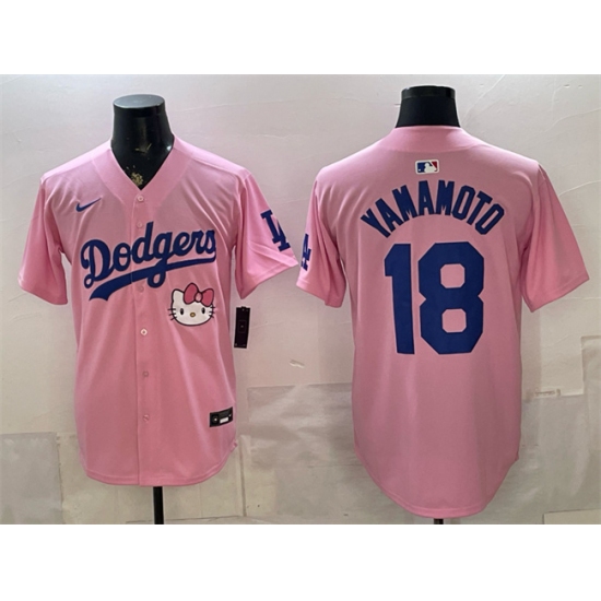 Men's Los Angeles Dodgers #18 Yoshinobu Yamamoto Pink 2025 Hello Kitty Vapor Limited Stitched Baseball Jersey - Ujersey