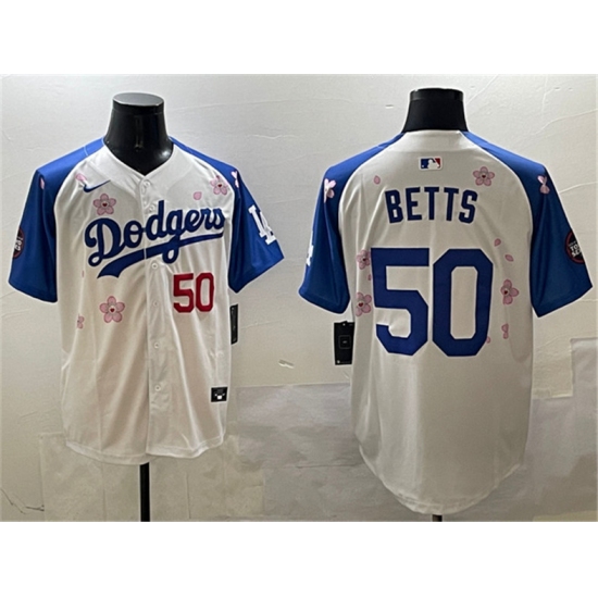 Men's Los Angeles Dodgers #50 Mookie Betts White Royal 2025 Tokyo Series Limited Stitched Baseball Jersey - Ujersey