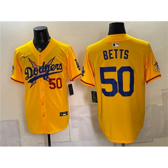 Men's Los Angeles Dodgers x One Piece #50 Mookie Betts Yellow Vapor Premier Limited Stitched Baseball Jersey - Ujersey
