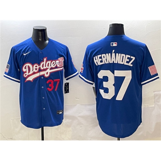 Men's Los Angeles Dodgers #37 Teoscar Hernández Royal With American Flag Limited Stitched Baseball Jersey