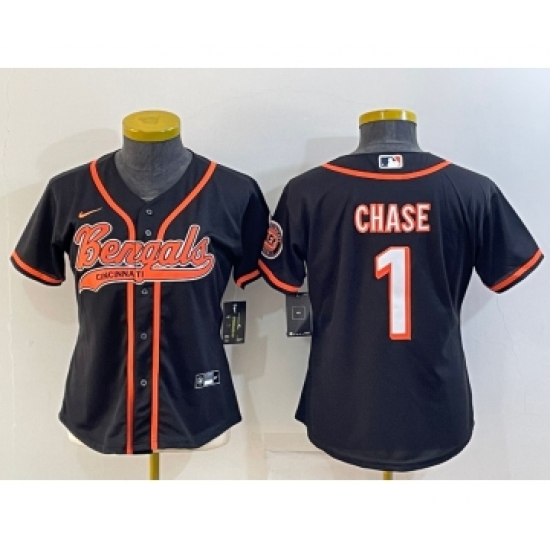 Women's Cincinnati Bengals #1 JaMarr Chase Black With Patch Cool Base Stitched Baseball Jersey - Ujersey