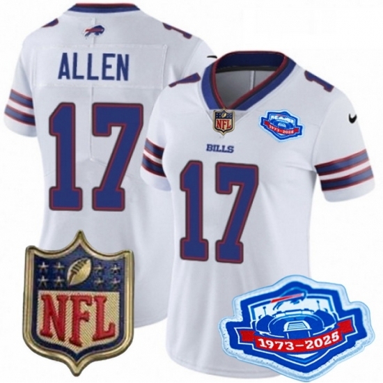 Women Buffalo Bills 17 Josh Allen White 2025 F U S E Farewell Season Gold Shield Stitched Football Jersey - Ujersey