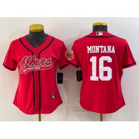 Women's San Francisco 49ers #16 Joe Montana Red With Patch Cool Base Stitched Baseball Jersey - Ujersey