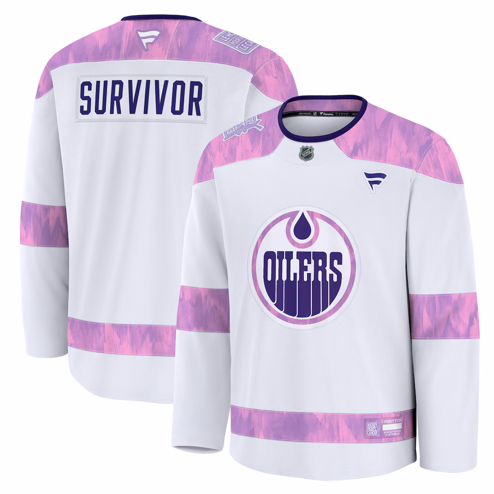 Men's Edmonton Oilers Fanatics White Hockey Fights Cancer Survivor Practice Jersey - ujerseystore