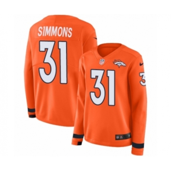 Women's Nike Denver Broncos #31 Justin Simmons Limited Orange Therma Long Sleeve NFL Jersey - Ujersey