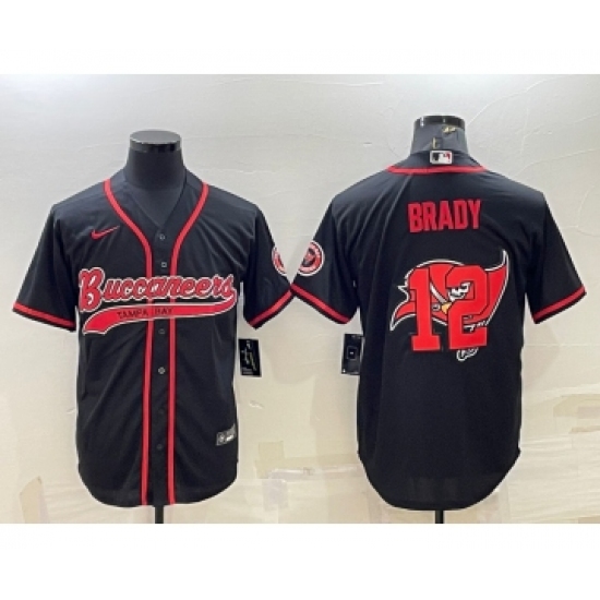 Men's Tampa Bay Buccaneers #12 Tom Brady Black Team Big Logo With Patch Cool Base Stitched Baseball Jersey - Ujersey