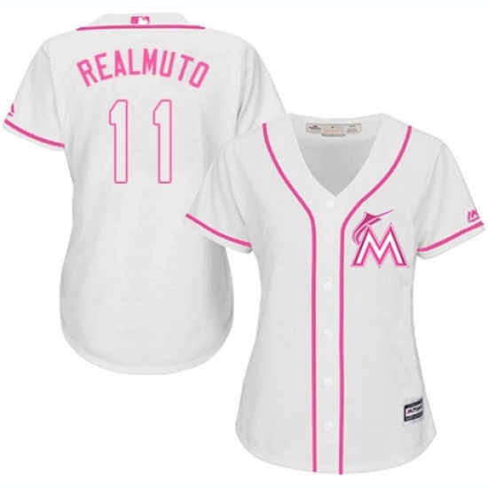 Women's Majestic Miami Marlins #11 J. T. Realmuto Authentic White Fashion Cool Base MLB Jersey - Ujersey