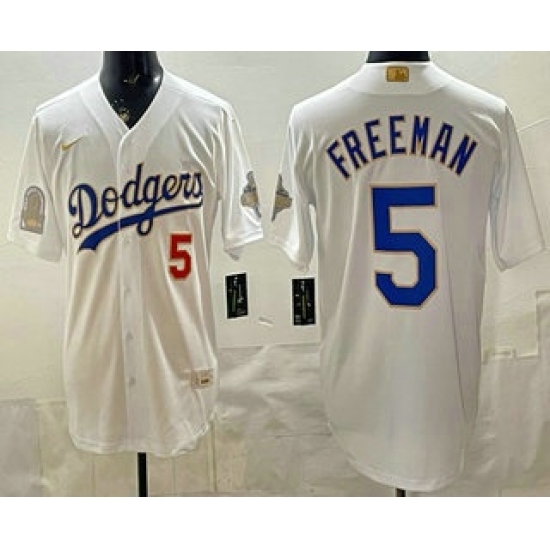 Men's Los Angeles Dodgers #5 Freddie Freeman White Gold World Series Champions Collection Limited Jersey - Ujersey