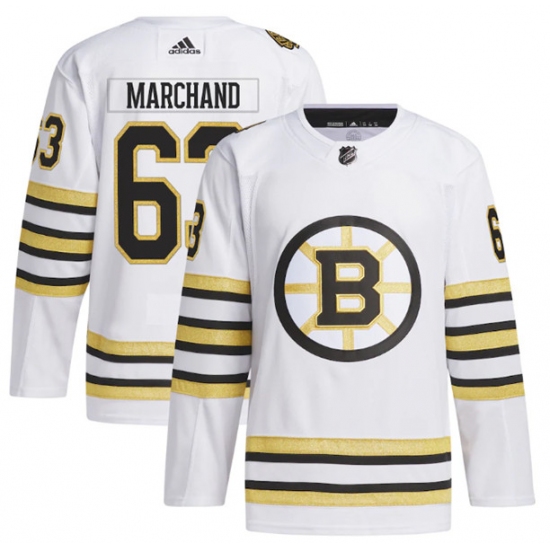 Men's Boston Bruins #63 Brad Marchand White 100th Anniversary Primegreen Stitched Jersey - Ujersey
