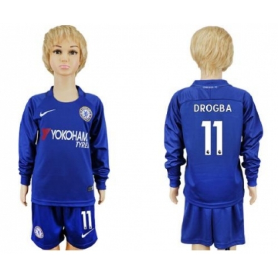 Chelsea #11 Drogba Home Long Sleeves Kid Soccer Club Jersey