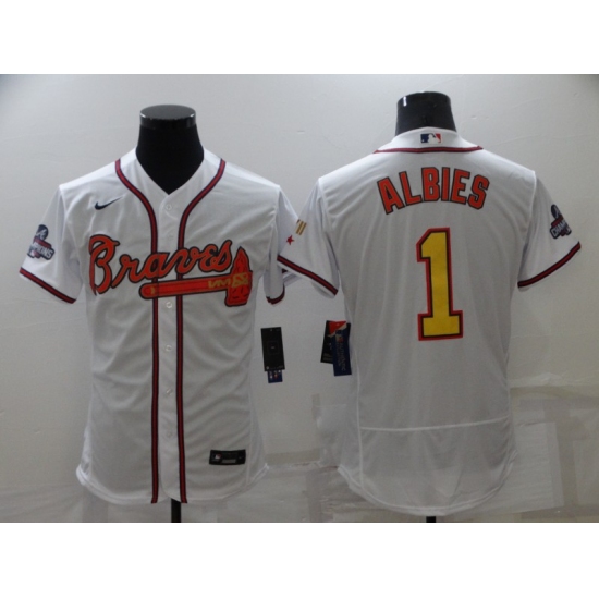Men's Atlanta Braves #1 Ozzie Albies 2021 White Gold World Series Champions Jersey - Ujersey