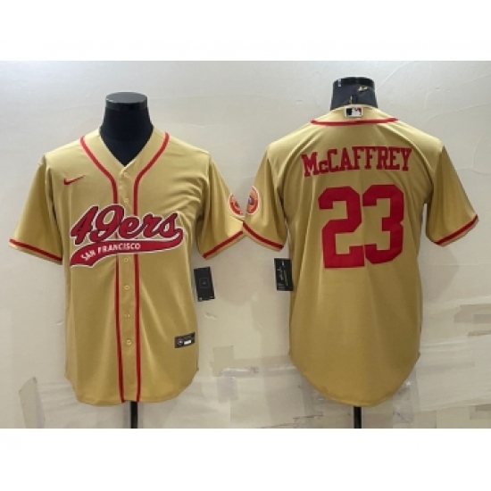 Men's San Francisco 49ers #23 Christian McCaffrey Gold With Patch Cool Base Stitched Baseball Jersey - Ujersey