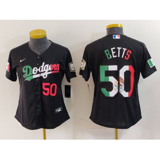 Women's Los Angeles Dodgers #50 Mookie Betts Number Mexico Black Cool Base Stitched Jersey - Ujersey