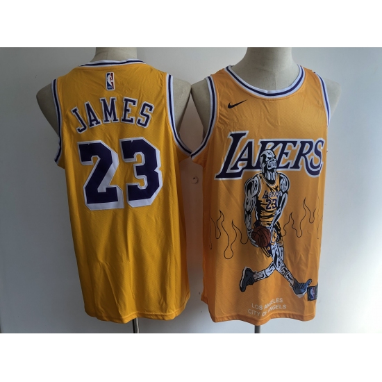 Men's Los Angeles Lakers #23 Lebron James Yellow Skull Stitched Basketball Jersey - Ujersey
