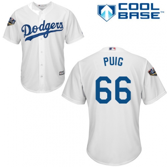Youth Majestic Los Angeles Dodgers #66 Yasiel Puig Authentic White Home Cool Base 2018 World Series MLB Jersey - Ujersey