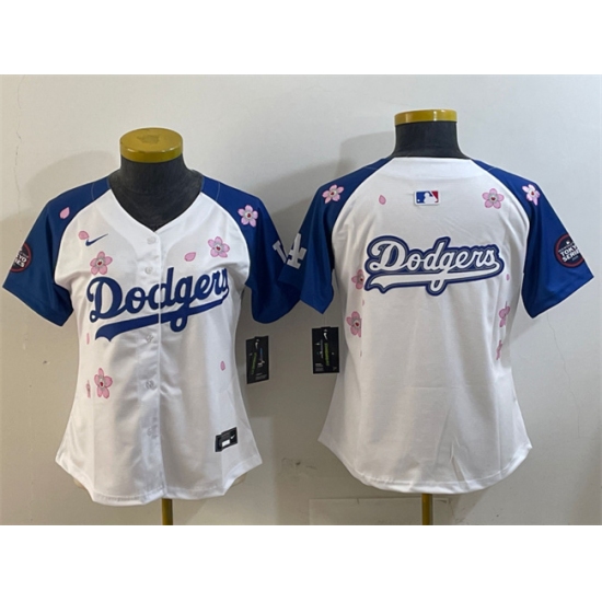 Women's Los Angeles Dodgers Team Big Logo White Royal 2025 Tokyo Series Limited Stitched Baseball Jersey(Run Small) - Ujersey