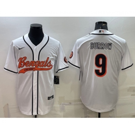 Men's Cincinnati Bengals #9 Joe Burrow White With Patch Cool Base Stitched Baseball Jersey - Ujersey