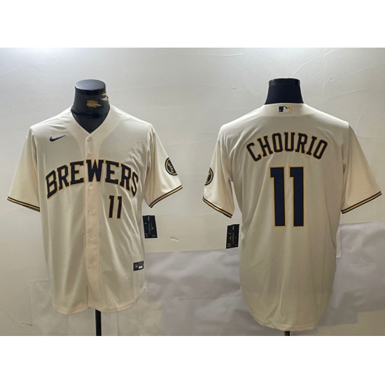 Men's Milwaukee Brewers #11 Jackson Chourio Number Cream Stitched Cool Base Nike Jersey - Ujersey