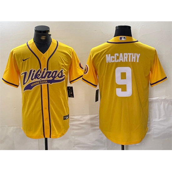 Men's Minnesota Vikings #9 J.J. McCarthy Yellow Cool Base Stitched Baseball Jersey - Ujersey