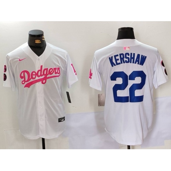 Men's Los Angeles Dodgers #22 Clayton Kershaw White Pink Vin & Kobe Stitched Baseball Jersey - Ujersey