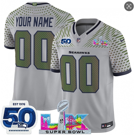Men's Seattle Seahawks Active Player Custom Gray 2025 F.U.S.E. Super Bowl LX Patch And 50th Season Patch “Rivalries” Vapor Limited Stitched Jersey - Ujersey