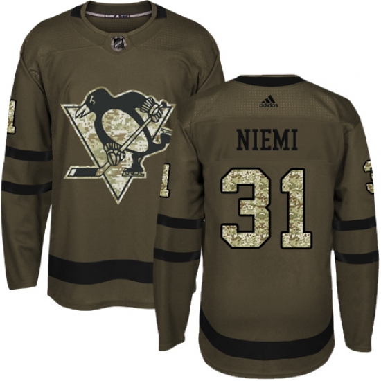 Youth Adidas Pittsburgh Penguins #31 Antti Niemi Authentic Green Salute to Service NHL Jersey - Ujersey