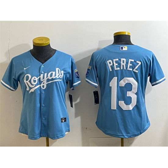 Women's Kansas City Royals #13 Salvador Perez Light Blue Cool Base Stitched Jersey(Run Small) - Ujersey