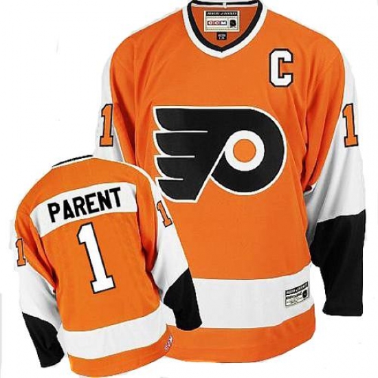 Men's CCM Philadelphia Flyers #1 Bernie Parent Authentic Orange Throwback NHL Jersey - Ujersey
