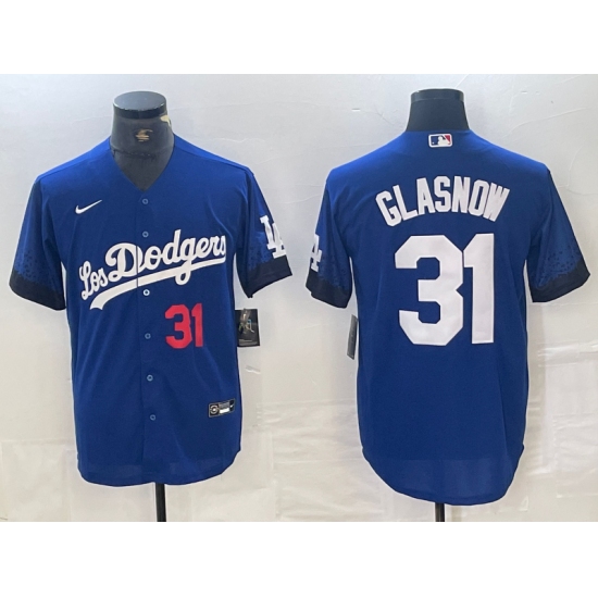 Men's Los Angeles Dodgers #31 Tyler Glasnow Number Blue 2021 City Connect Cool Base Stitched Jersey - Ujersey