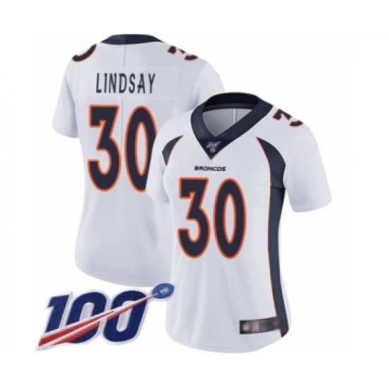 Women's Nike Denver Broncos #30 Phillip Lindsay White Vapor Untouchable Limited Player 100th Season NFL Jersey - Ujersey
